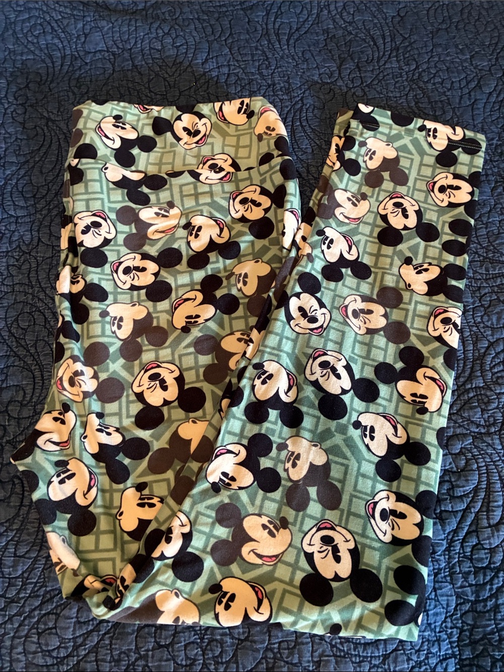 Lularoe Mickey Mouse Print Leggings in Mint Green and Black-tall and Curvy